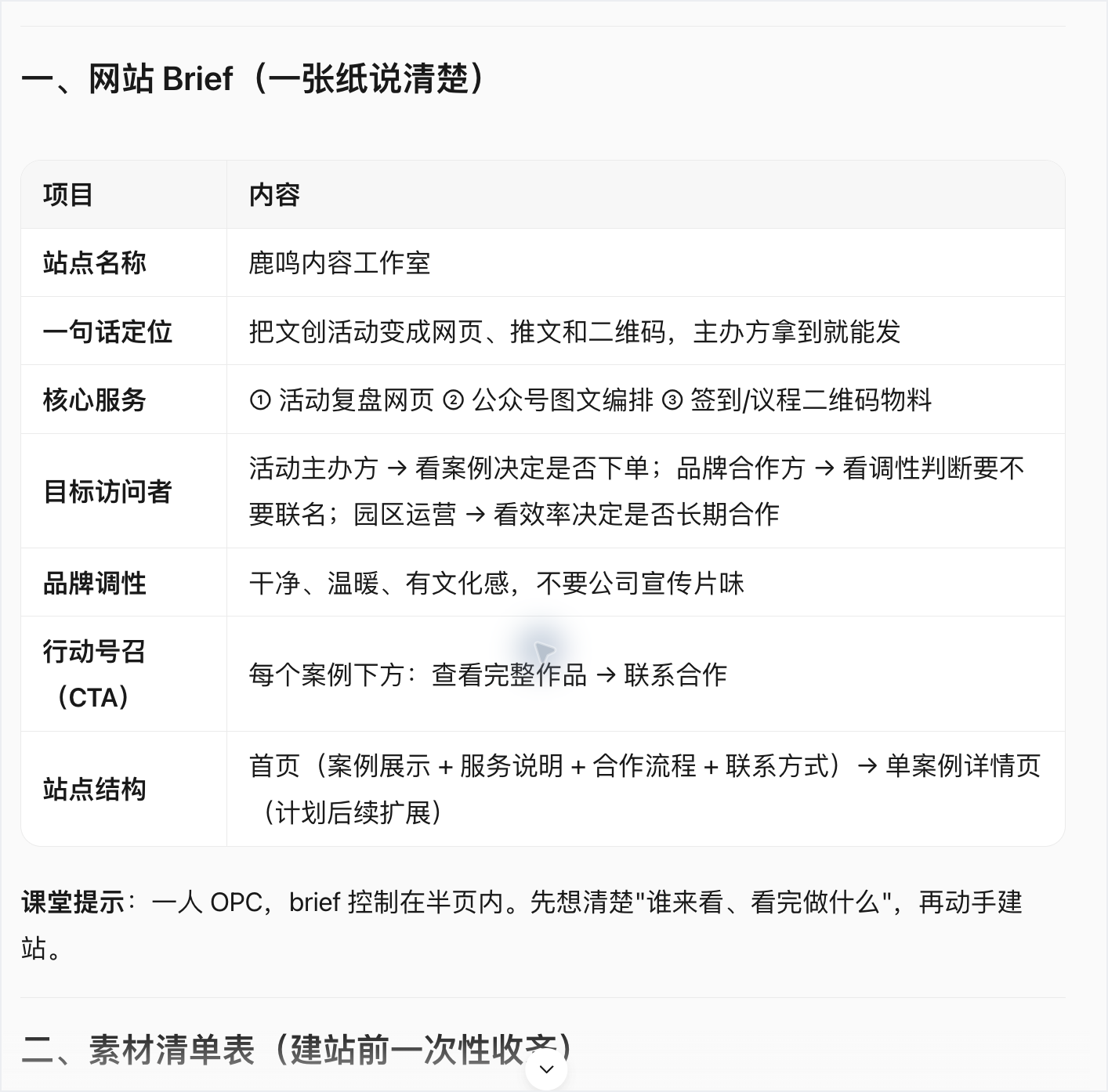 WorkBuddy 实操:先把虚拟案例整理成一页网站 brief,再开始建站